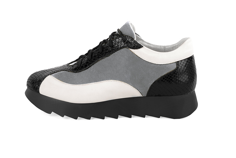 Satin black, dove grey and off white women's elegant sneakers. Round toe. Low rubber soles. Profile view - Florence KOOIJMAN